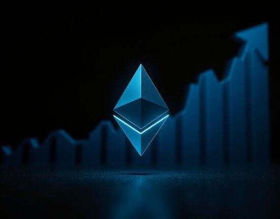 Ethereum logo against a dark digital background with upward momentum, representing a price recovery.