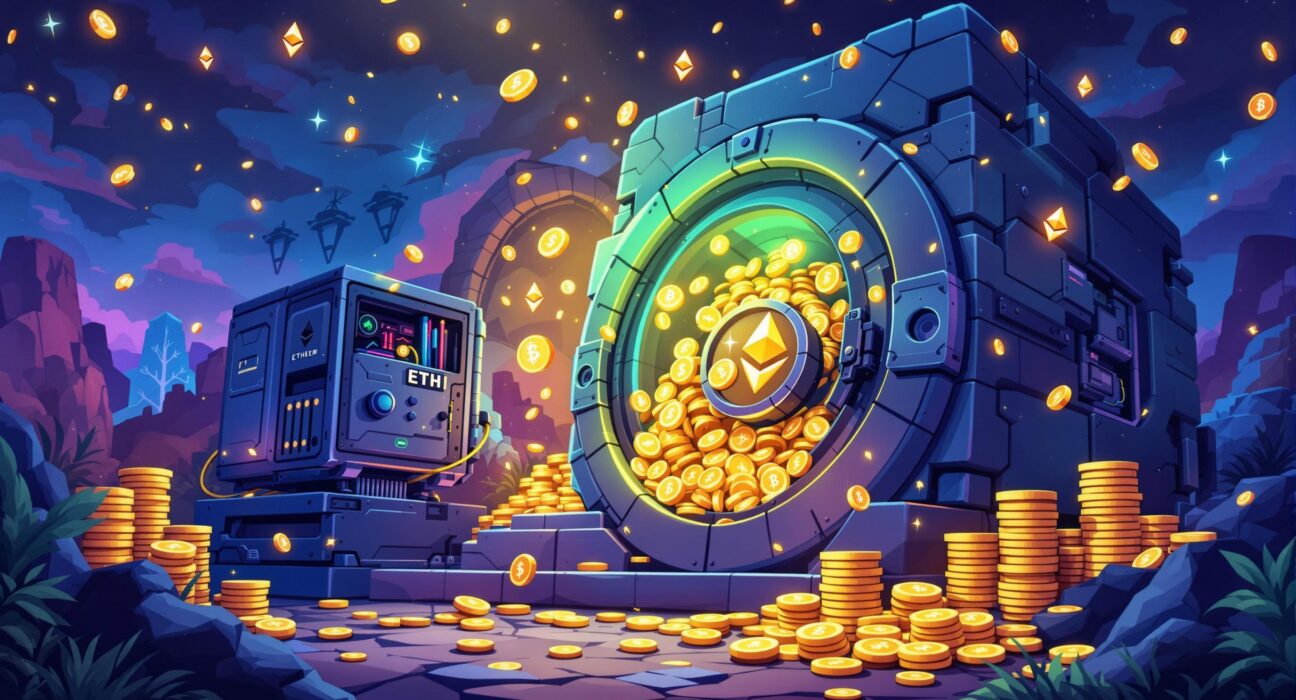 Illustration depicting a secure digital vault filled with Ethereum reserves, symbolizing BitMine's strategic asset growth and financial strength.