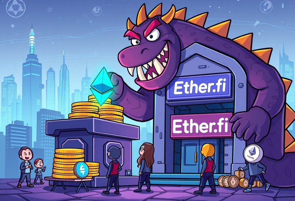 A cartoon monster (ETHZilla) depositing a large sum of ETH into a stylized Ether.fi vault, symbolizing significant Ethereum restaking.