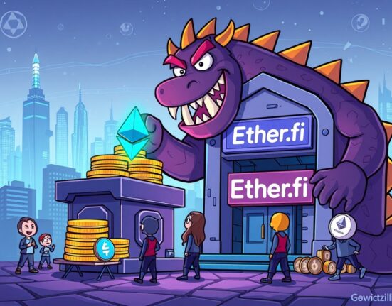 A cartoon monster (ETHZilla) depositing a large sum of ETH into a stylized Ether.fi vault, symbolizing significant Ethereum restaking.