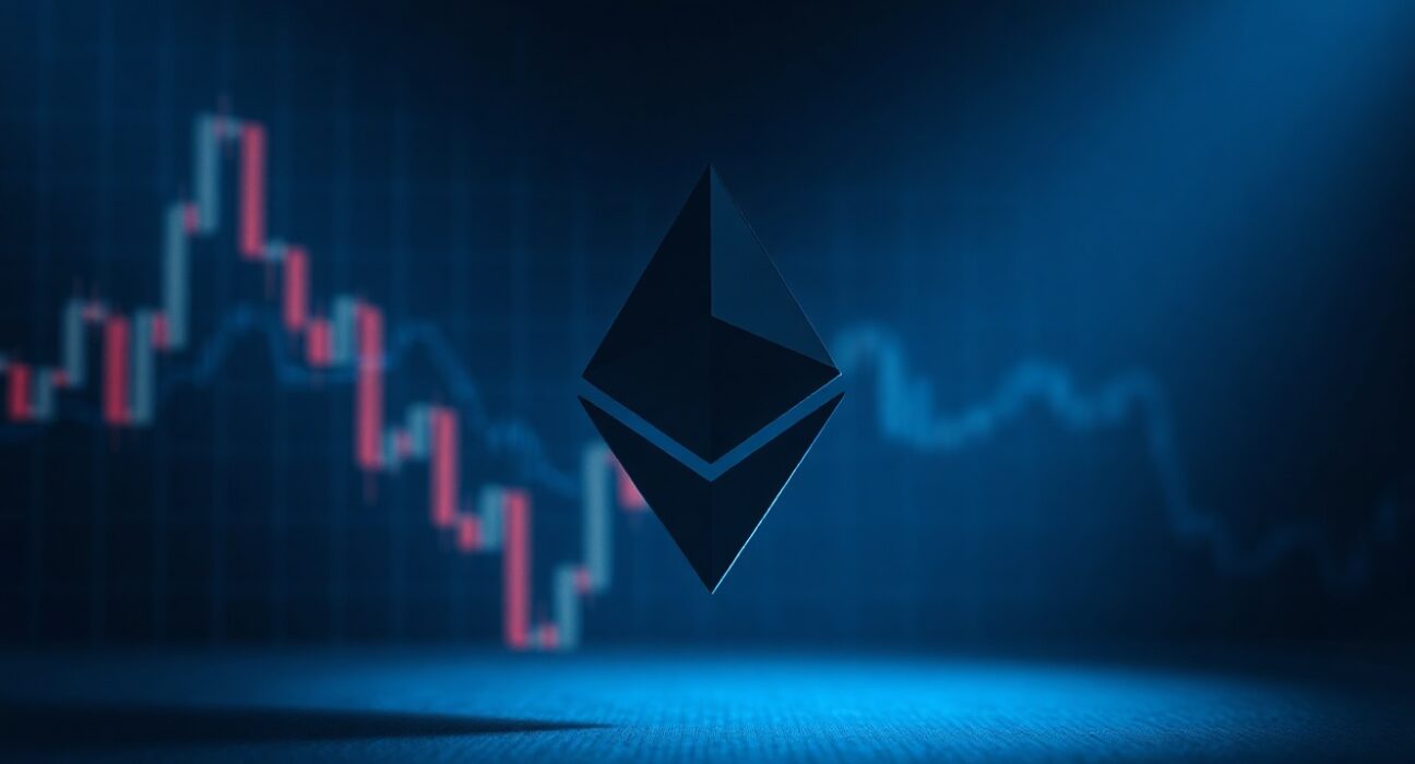 Ethereum symbol against a dark background with downward red trend lines indicating a bearish market outlook.