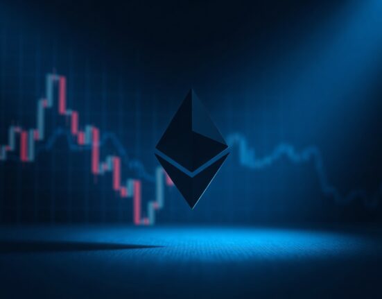 Ethereum symbol against a dark background with downward red trend lines indicating a bearish market outlook.