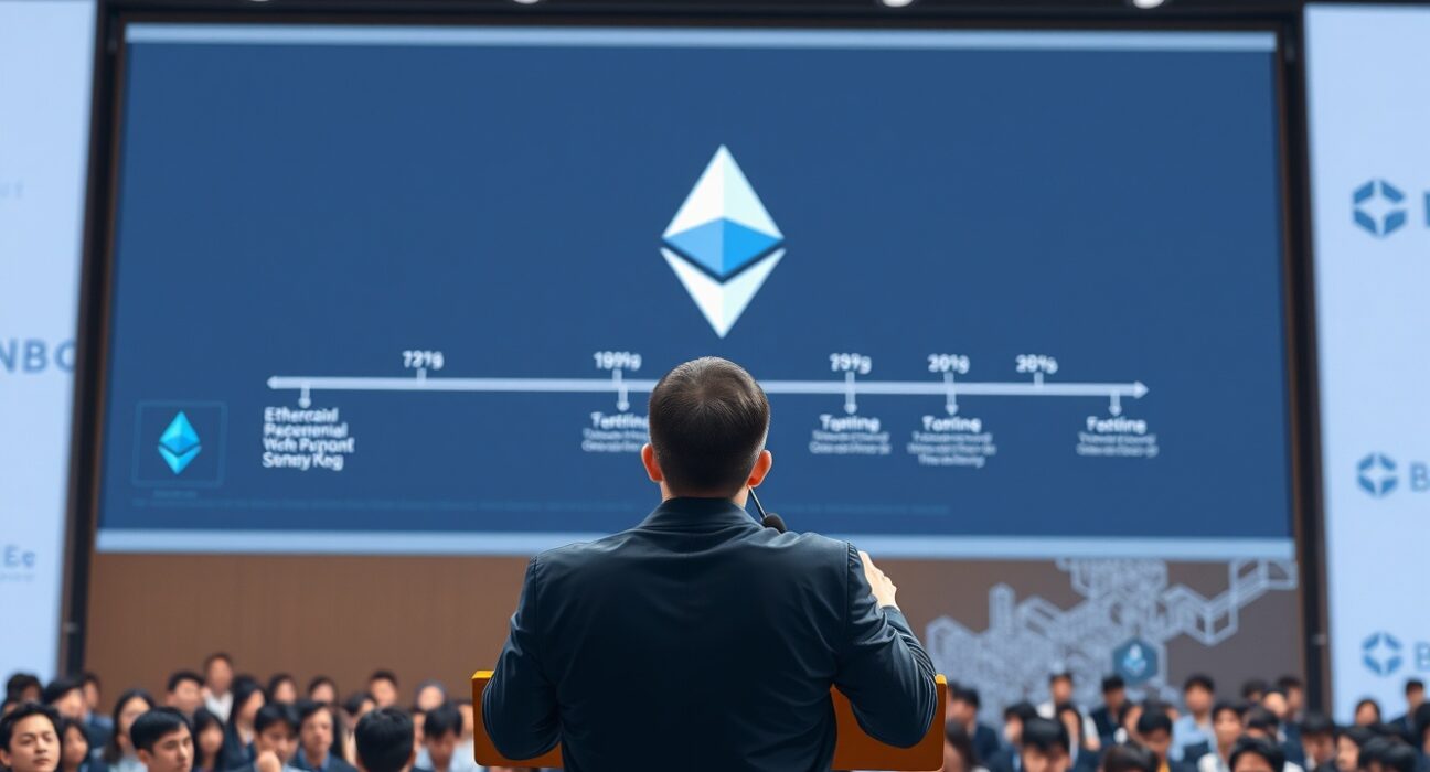 Vitalik Buterin presenting Ethereum's 4-year roadmap at Hong Kong Web3 Festival with timeline visualization