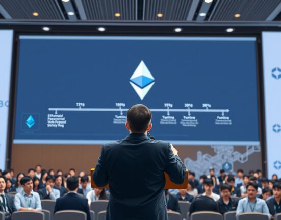 Vitalik Buterin presenting Ethereum's 4-year roadmap at Hong Kong Web3 Festival with timeline visualization