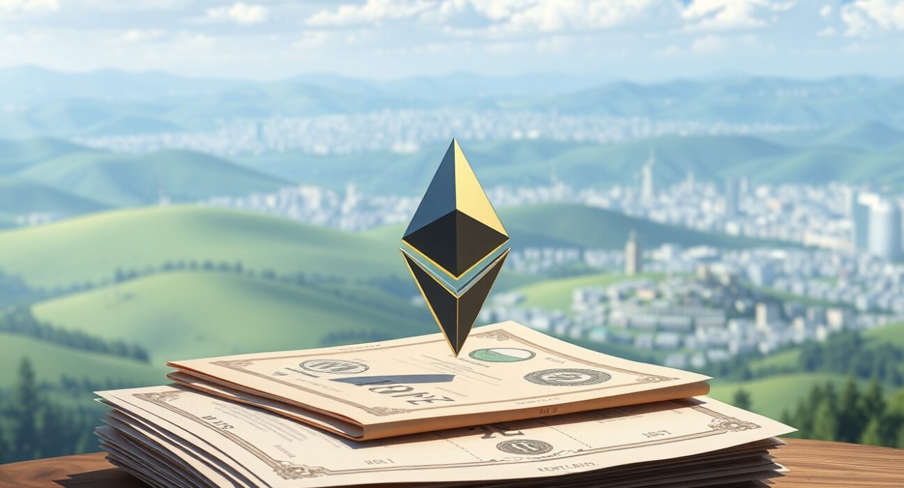 Ethereum blockchain tokenizing real-world assets like real estate and bonds into digital tokens.