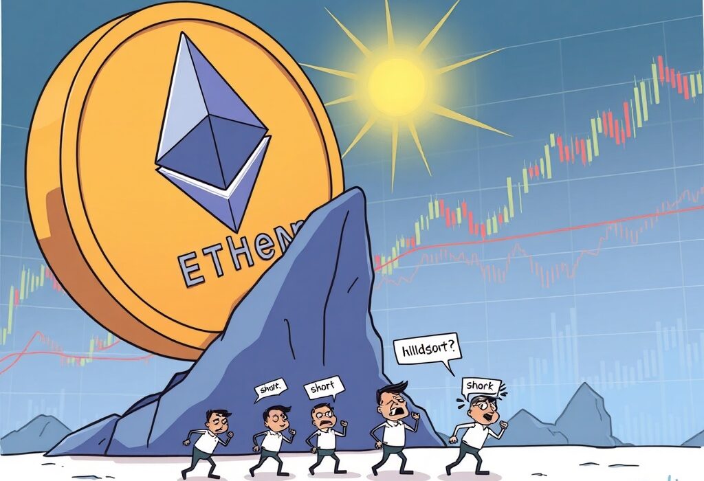 A cartoon illustrating the potential Ethereum short liquidation event as ETH approaches its all-time high, highlighting market tension.