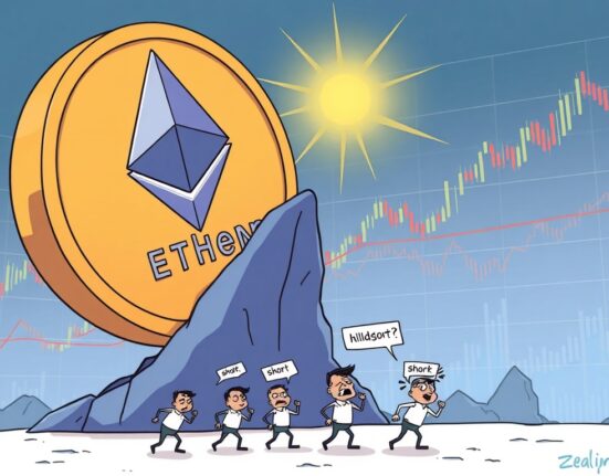 A cartoon illustrating the potential Ethereum short liquidation event as ETH approaches its all-time high, highlighting market tension.