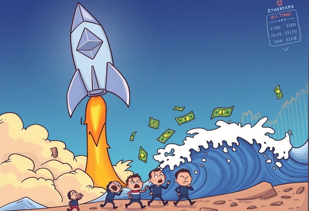 A vibrant cartoon showing Ethereum shorts being liquidated as ETH price soars to new record highs, symbolizing market volatility.