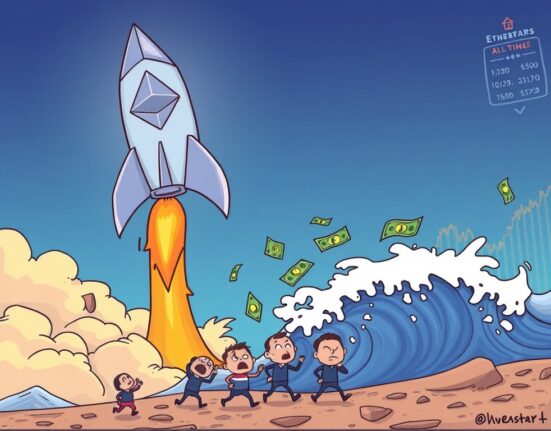 A vibrant cartoon showing Ethereum shorts being liquidated as ETH price soars to new record highs, symbolizing market volatility.