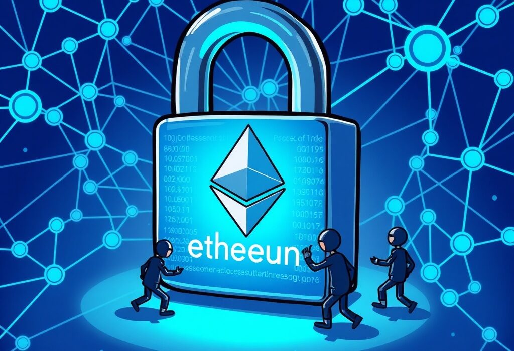 A cartoon illustration showing Ethereum smart contract malware discreetly bypassing digital security measures, representing a hidden threat.