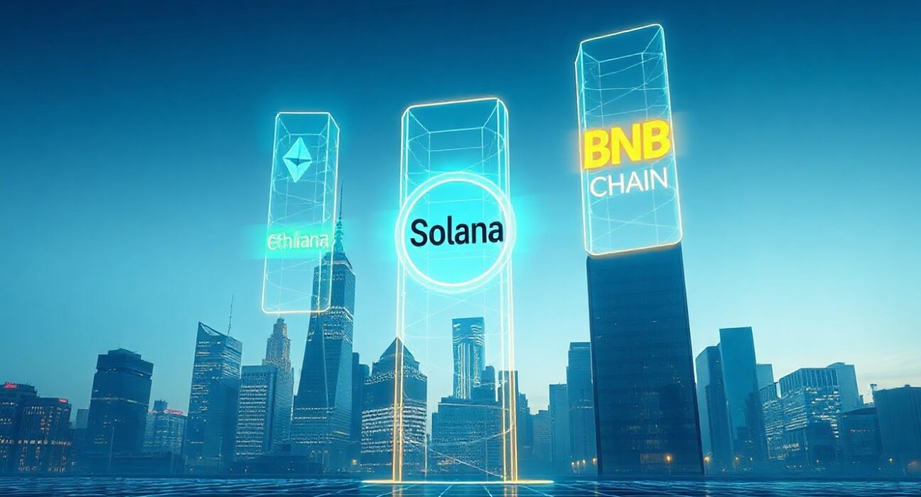 Digital pillars representing Ethereum, Solana, and BNB Chain dominate a financial skyline at dusk