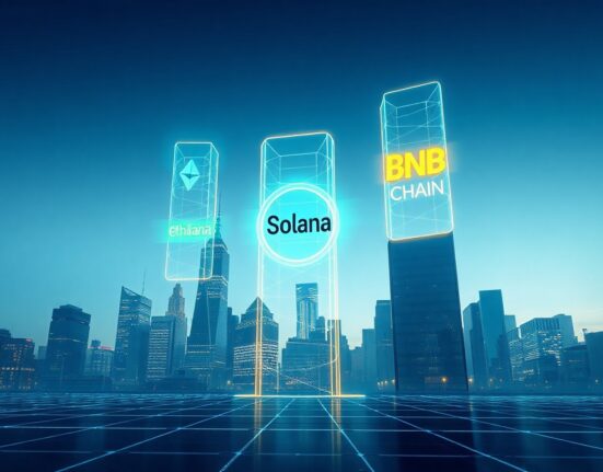 Digital pillars representing Ethereum, Solana, and BNB Chain dominate a financial skyline at dusk
