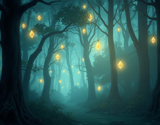 Conceptual art of Ethereum spot ETF assets under management experiencing a significant decline.