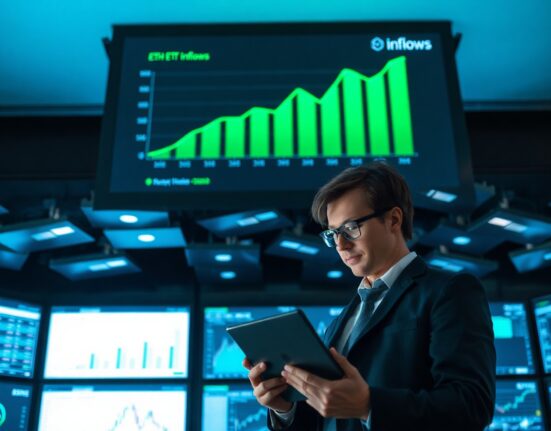 Financial analyst monitoring Ethereum ETF inflow data on trading floor screens