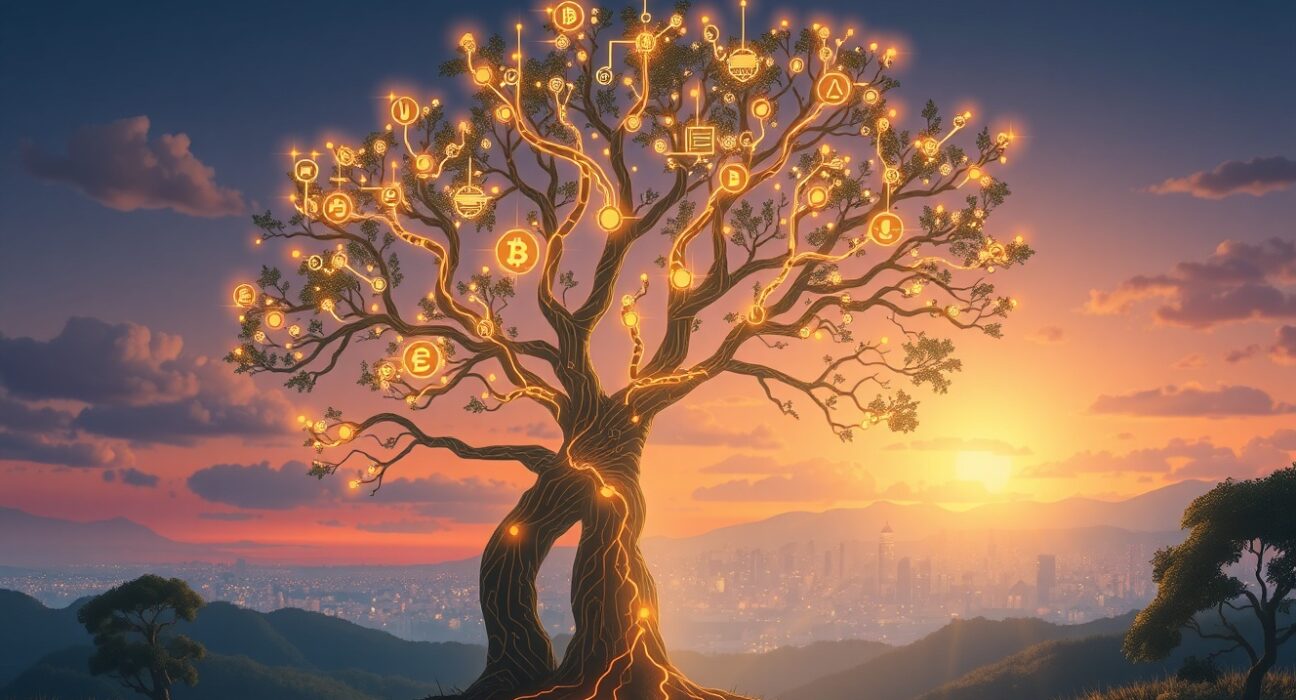 Ethereum spot ETF growth visualized as a glowing digital tree nourishing a financial landscape.