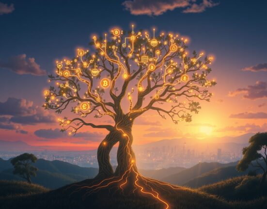 Ethereum spot ETF growth visualized as a glowing digital tree nourishing a financial landscape.
