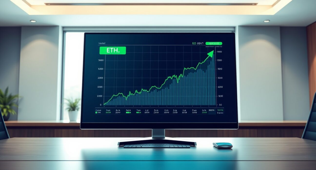A financial trading screen showing a rising Ethereum ETF performance graph, representing growing institutional investment.