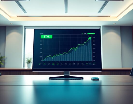 A financial trading screen showing a rising Ethereum ETF performance graph, representing growing institutional investment.