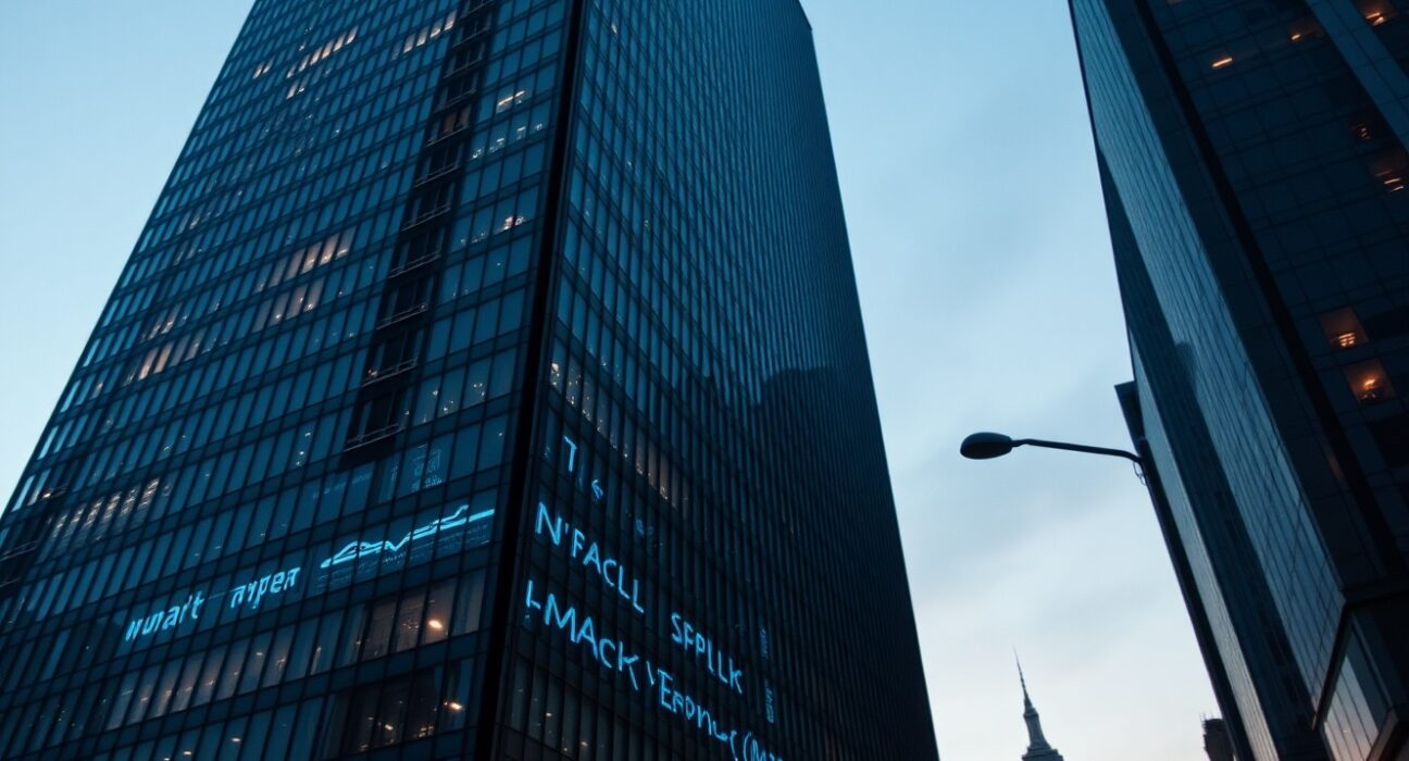 Modern financial district building with blue ethereal glow at dusk representing Ethereum ETF outflows
