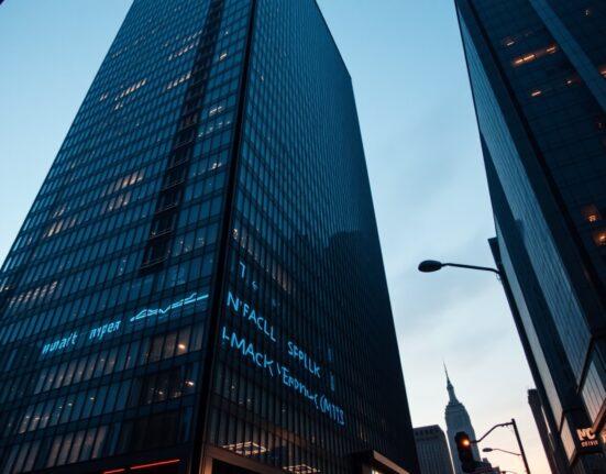 Modern financial district building with blue ethereal glow at dusk representing Ethereum ETF outflows