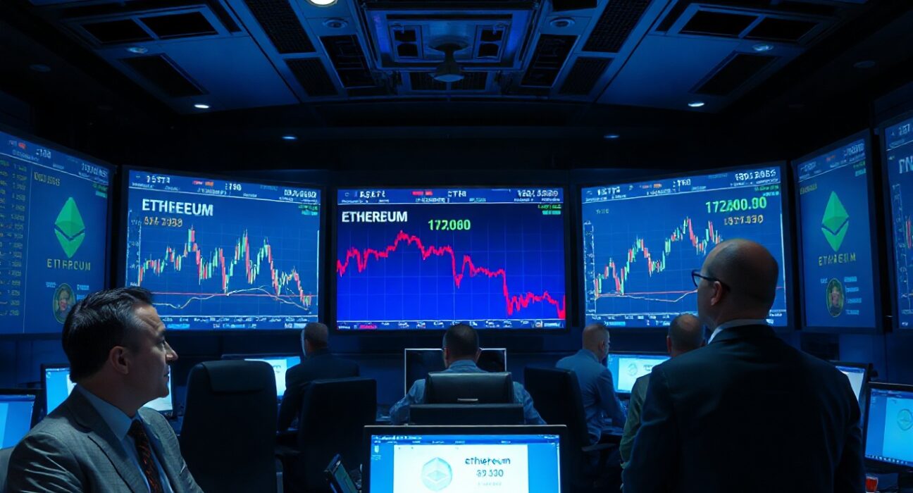 Traders monitoring Ethereum price charts on screens with red downward indicators showing ETF outflows