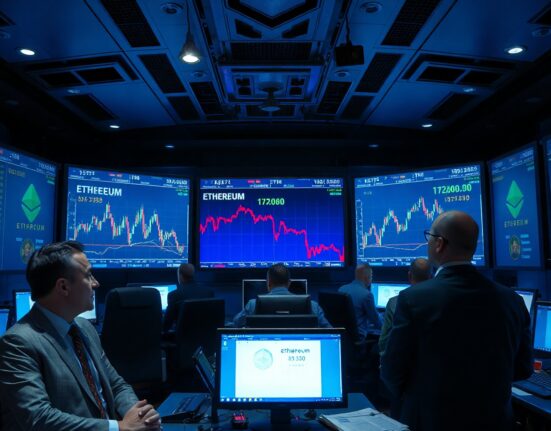 Traders monitoring Ethereum price charts on screens with red downward indicators showing ETF outflows