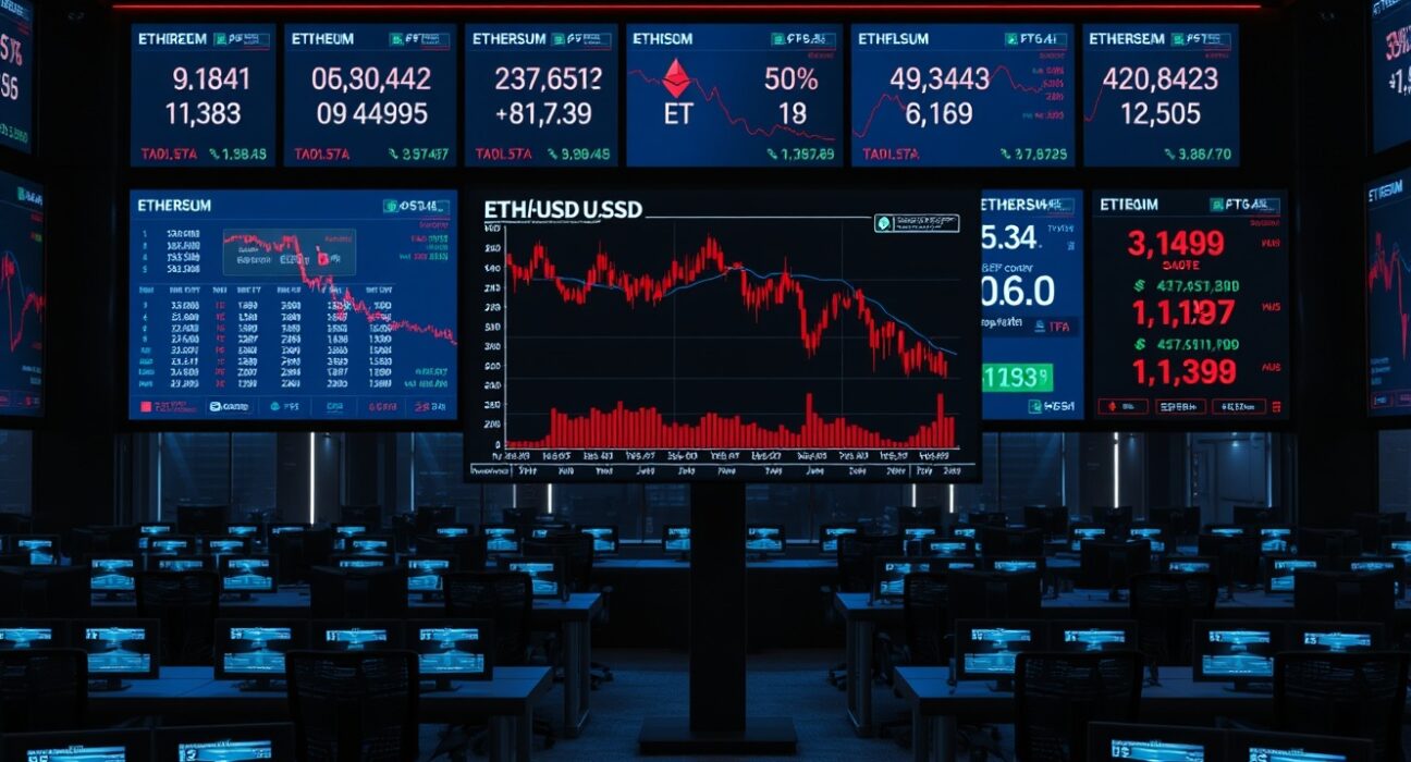 Trading floor monitors showing Ethereum ETF outflow data and declining charts