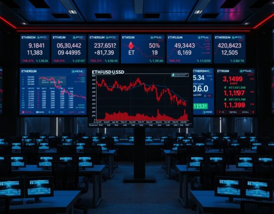 Trading floor monitors showing Ethereum ETF outflow data and declining charts