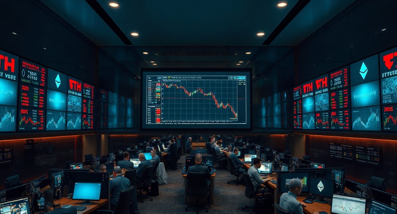 Trading floor with digital screens showing Ethereum price charts and red indicators