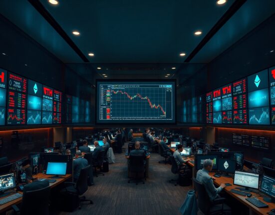 Trading floor with digital screens showing Ethereum price charts and red indicators
