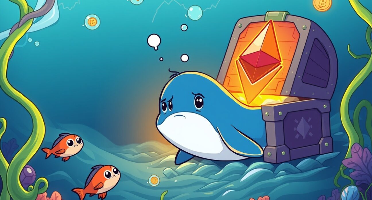 Cartoon illustration showing capital flowing out of Ethereum spot ETFs as a worried whale swims away.
