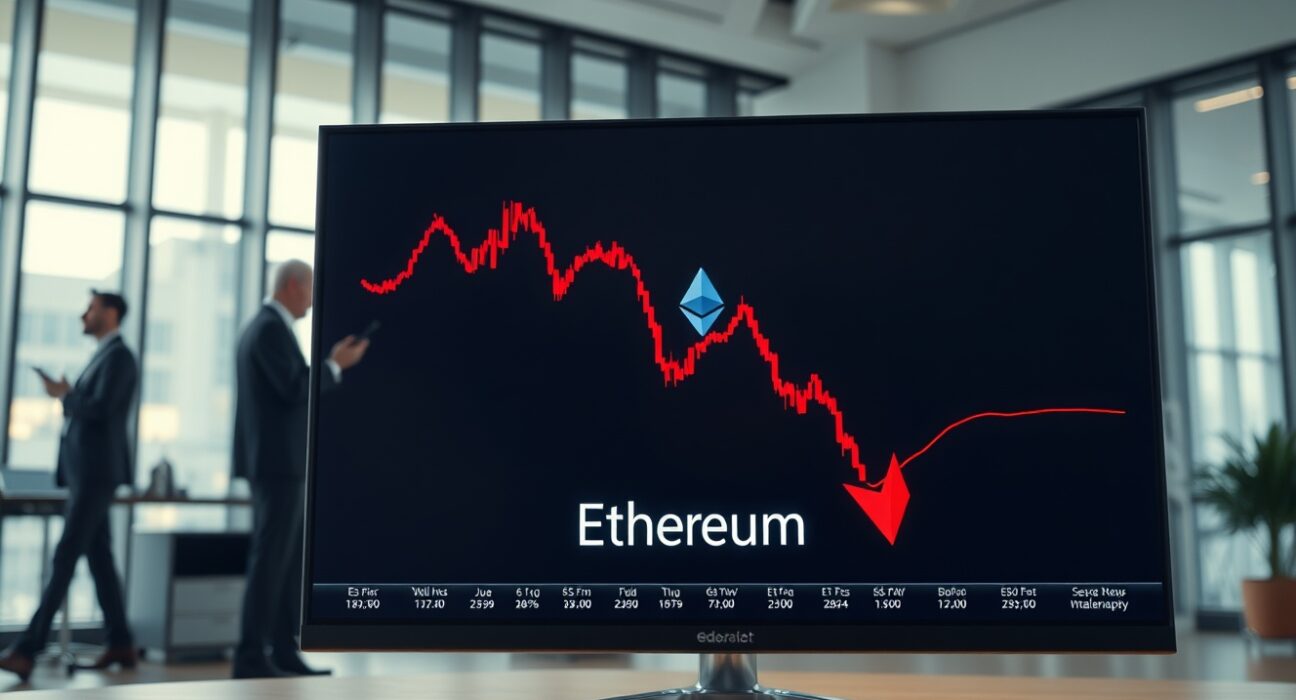 Ethereum price chart in red on a trading floor monitor with traders in background