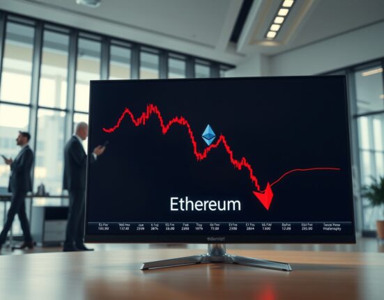 Ethereum price chart in red on a trading floor monitor with traders in background