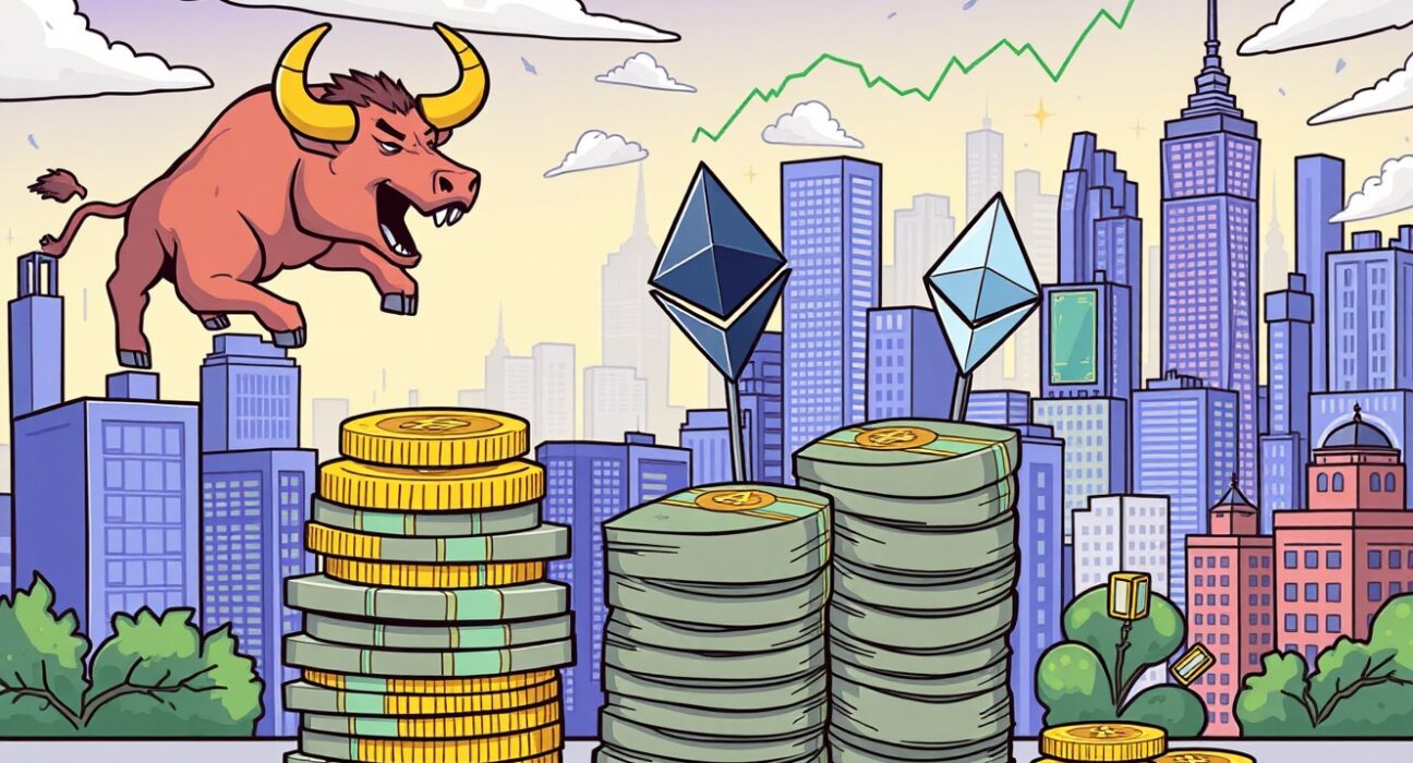 A cartoon illustration showing the rapid growth of Ethereum spot ETFs, symbolizing their increasing influence in the crypto market.