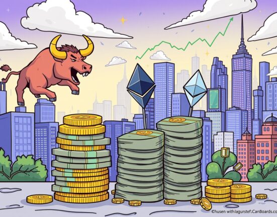 A cartoon illustration showing the rapid growth of Ethereum spot ETFs, symbolizing their increasing influence in the crypto market.