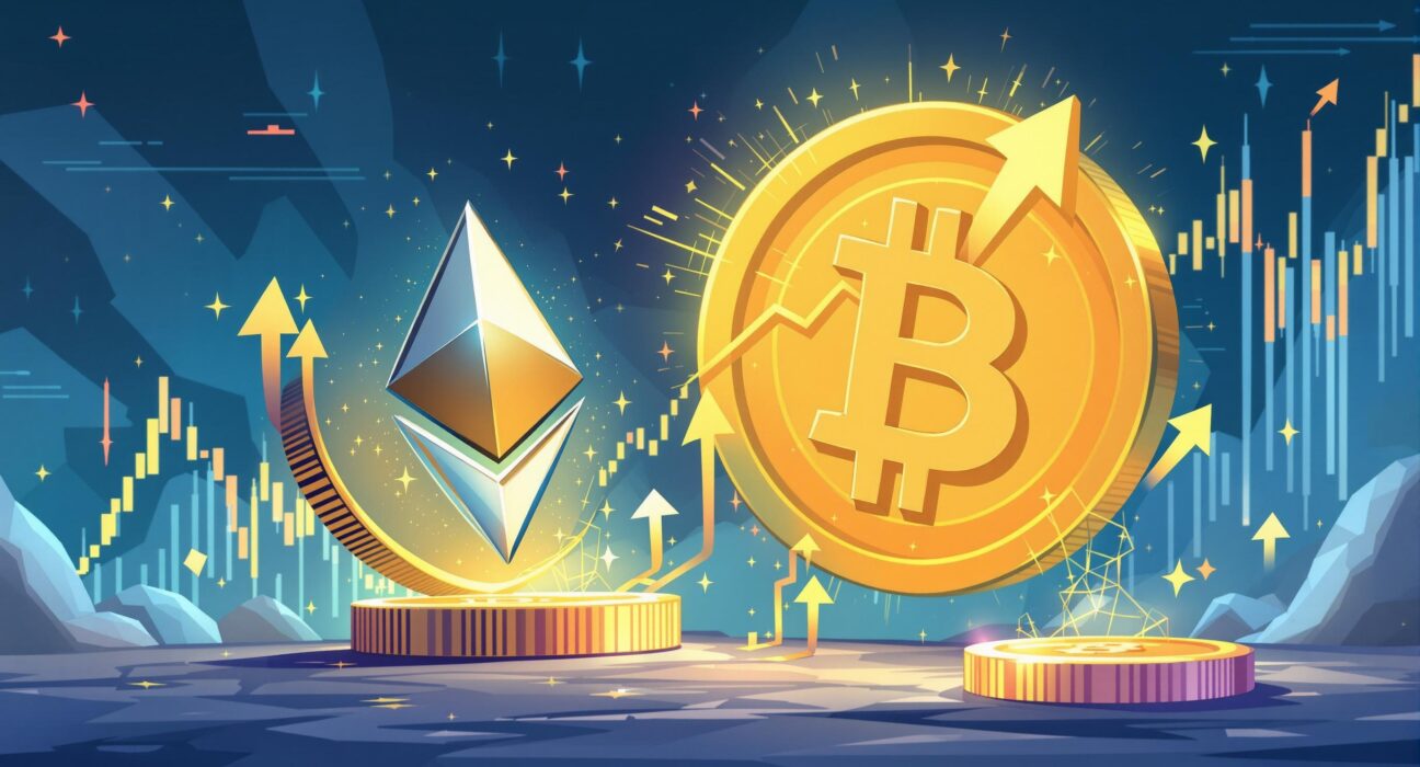 An illustration showing Ethereum spot volume exceeding Bitcoin's, highlighting a significant shift in crypto market dominance.