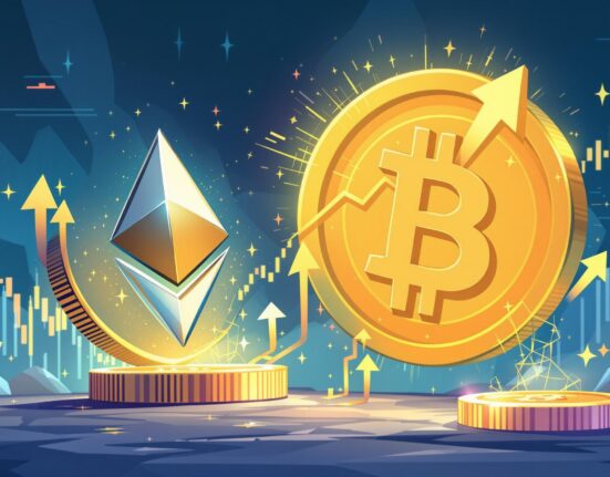 An illustration showing Ethereum spot volume exceeding Bitcoin's, highlighting a significant shift in crypto market dominance.