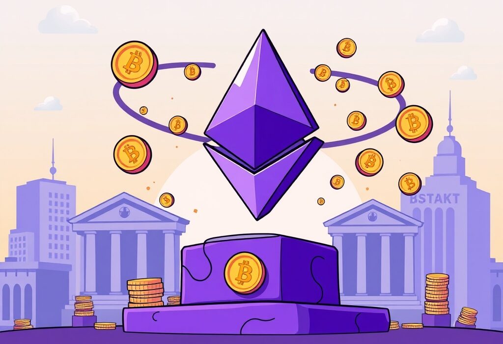 Cartoon illustration showing the Ethereum logo symbolizing its crucial role in the Ethereum stablecoin future for financial institutions.
