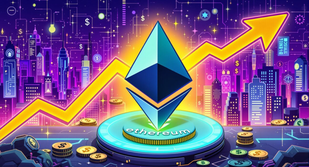 A vibrant cartoon illustrating the significant growth of Ethereum stablecoin supply, symbolizing over $140 billion in digital assets.