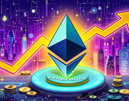 A vibrant cartoon illustrating the significant growth of Ethereum stablecoin supply, symbolizing over $140 billion in digital assets.
