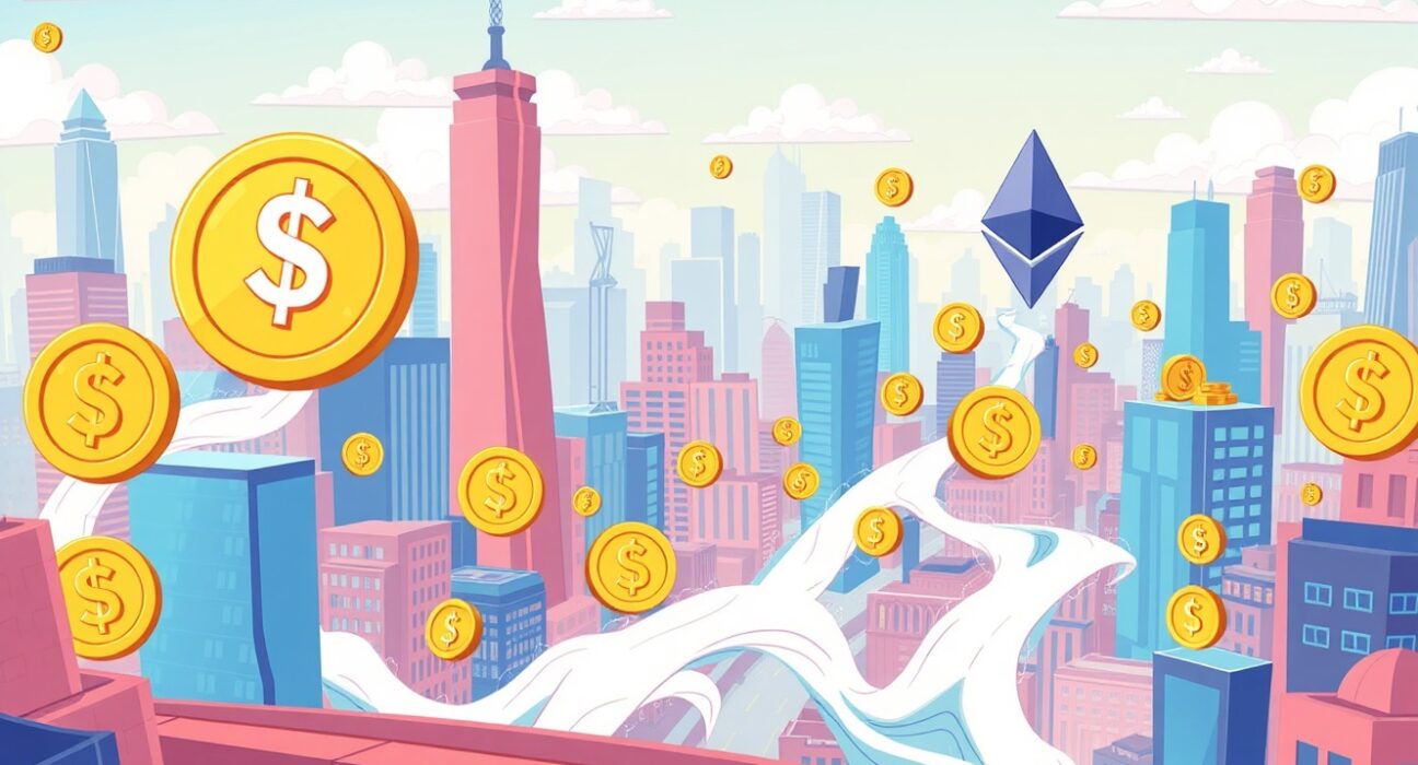 Cartoon illustration showing high Ethereum-based stablecoin volume flowing through a digital city, representing record trading activity and market dynamics.