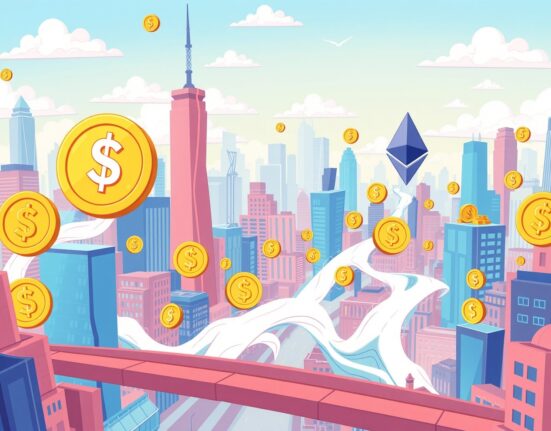 Cartoon illustration showing high Ethereum-based stablecoin volume flowing through a digital city, representing record trading activity and market dynamics.