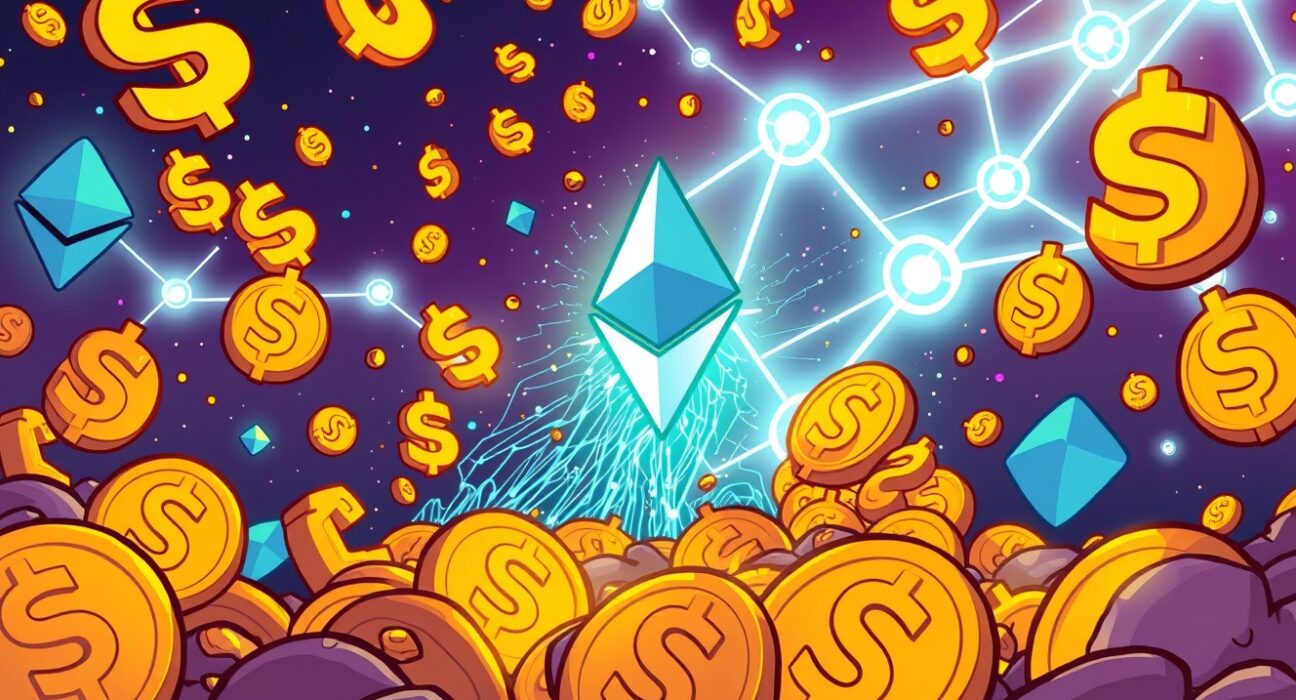 Cartoon showing a record $1.6B net inflow of Ethereum stablecoins, symbolizing robust growth and investor confidence in the crypto market.