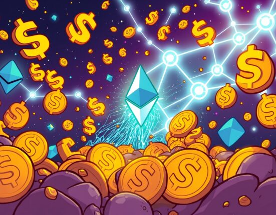 Cartoon showing a record $1.6B net inflow of Ethereum stablecoins, symbolizing robust growth and investor confidence in the crypto market.