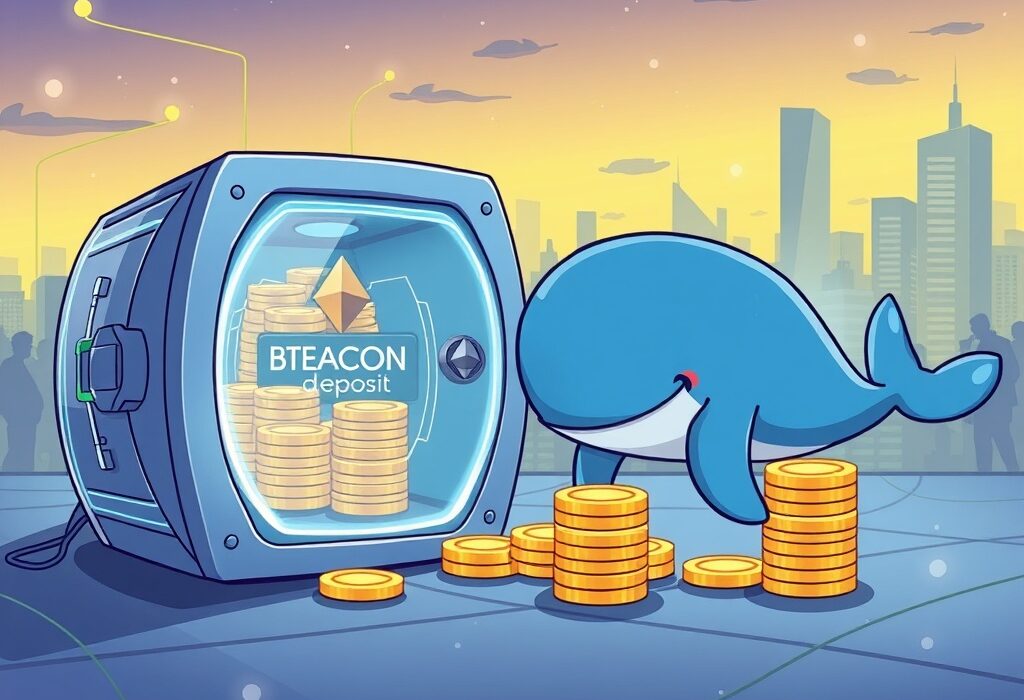 Cartoon illustration showing a whale transferring ETH to a Beacon Deposit, symbolizing significant Ethereum staking activity.