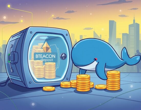 Cartoon illustration showing a whale transferring ETH to a Beacon Deposit, symbolizing significant Ethereum staking activity.