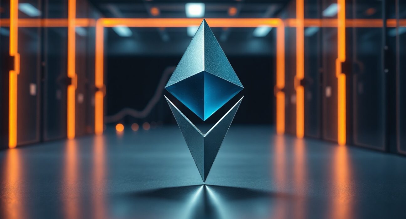 Ethereum diamond symbol glowing in a dark server room, representing staking supply cap proposal