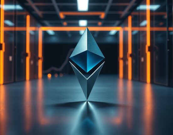 Ethereum diamond symbol glowing in a dark server room, representing staking supply cap proposal