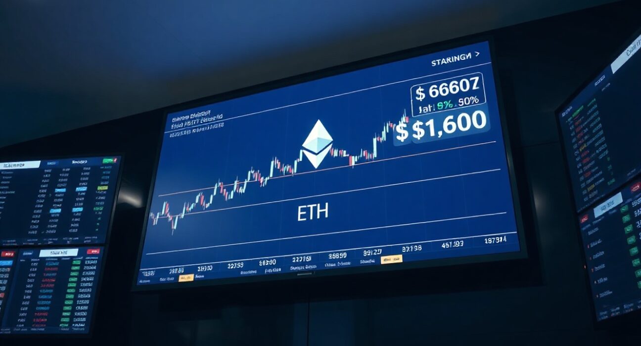 Ethereum price chart and staking indicator on a newsroom monitor