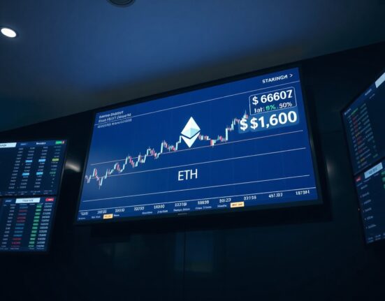 Ethereum price chart and staking indicator on a newsroom monitor